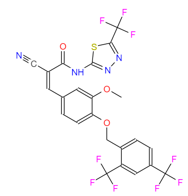 CAS： 725247-18-7，中(zhōng)文(wén)名(míng)称： 3-[4-[[2,4-二(三氟甲基)苄基]氧基]-3-甲氧基苯基]-2-氰基-N-(5-三氟甲基-[1,3,4]噻二唑-2-基)丙烯酰胺