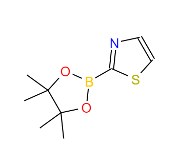 CAS： 214360-88-0，中(zhōng)文(wén)名(míng)称： 1,3-噻唑-2-硼酸频哪醇酯 英文(wén)名(míng)称：2-(4,4,5,5-Tetramethyl-1,3,2-dioxaborolan-2-yl)thiazole 